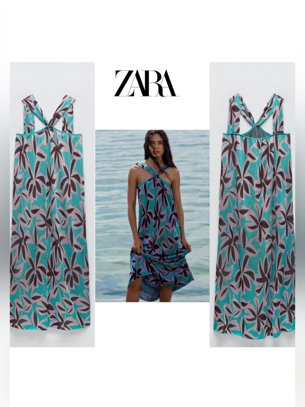 Zara Teal & Lavender Tropical Leaf Cross-Strap Maxi Dress